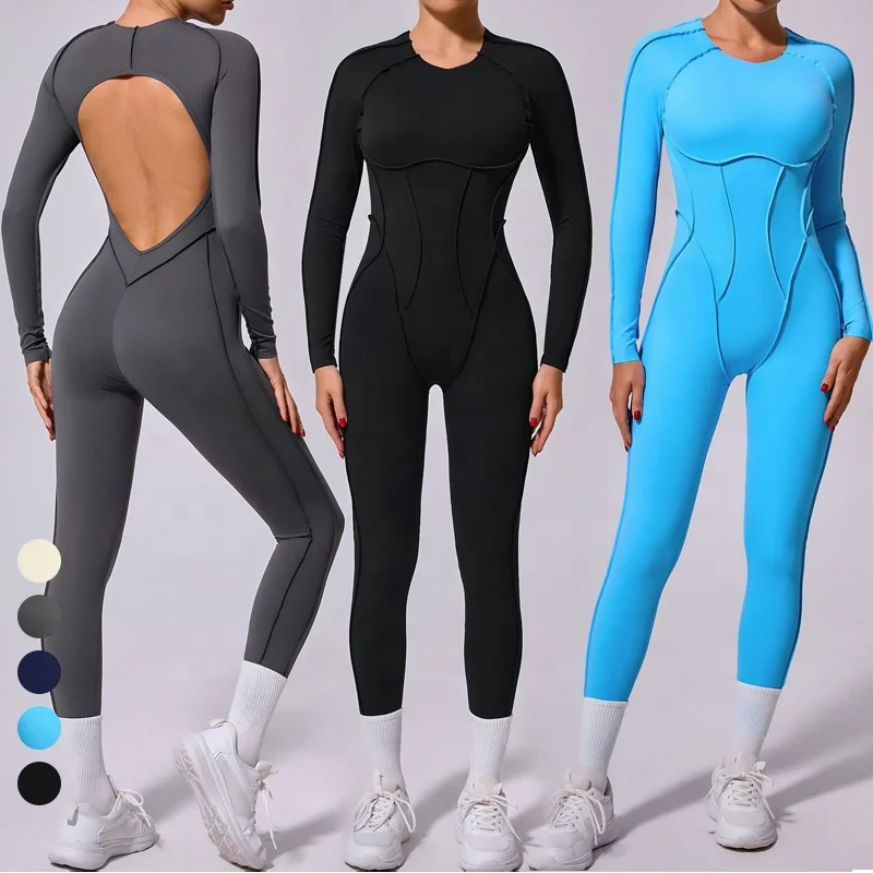 Women's Workout Yoga Jumpsuit Crew Neck Long Sleeve Open Back Sports Romper One Piece Cutout Full Length Unitard Shapewear
