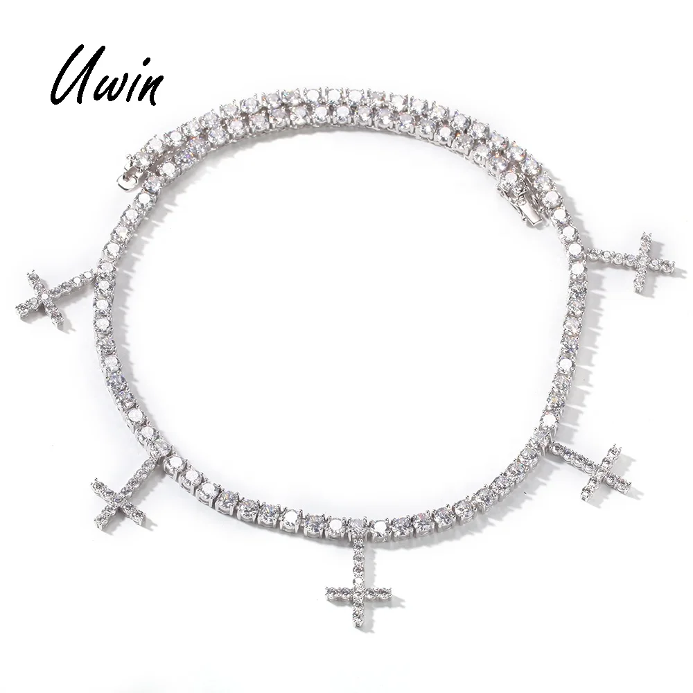 

Hiphop Stylish CZ Cross Pendant Tennis Chain Iced Out Crystals 1 Row Men Woman Necklaces, Gold, silvery in stock