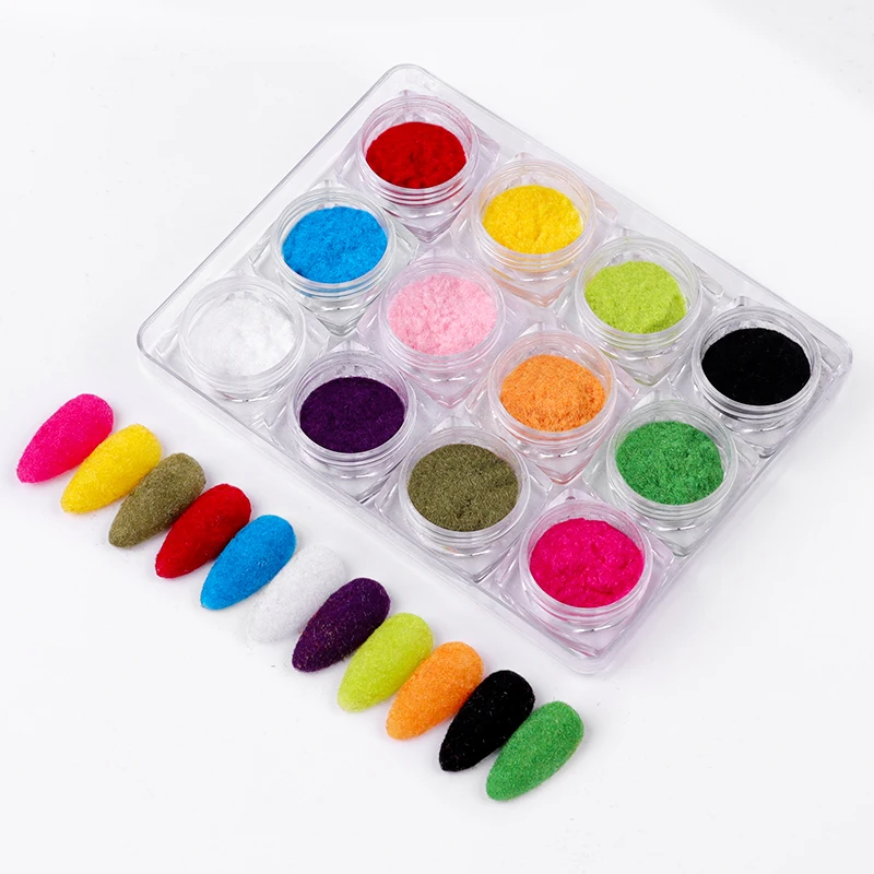 

12 Color Fuzzy Flocking Velvet Nail Powder Colorful Cashmere Glitter Nail Art Dust Winter UV Gel Polish Manicure Decorations, 12 colors as picture show