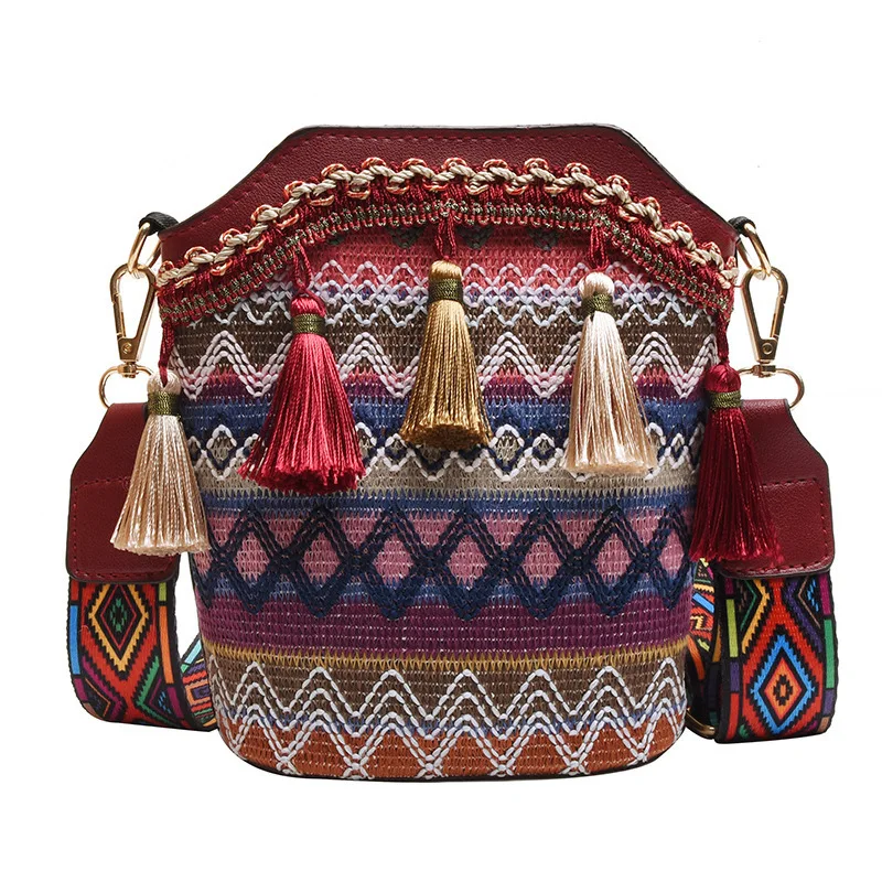 

Designer Bohemian National Style Tassel Bags Crossbody Lady Shoulder Bucket Bag
