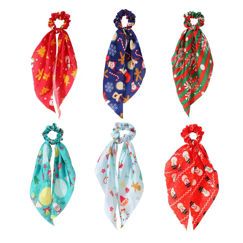 

New Fashion Christmas Pattern Printing Long Ribbon Scrunchie Rubber Band Hairband Hair Accessories, Colorful