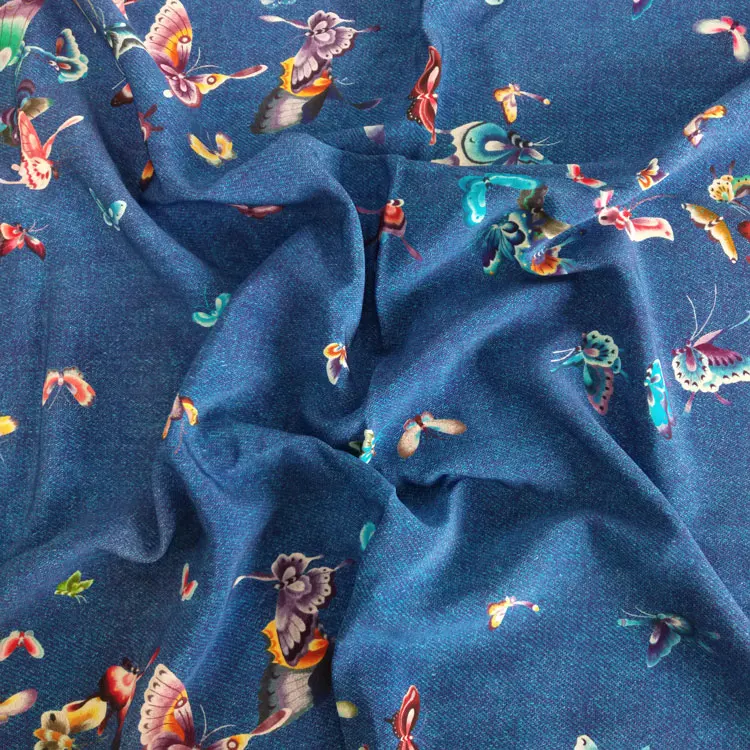 
40MM custom blue butterfly digital printing 95% silk 5% elastic spring heavy crepe de chine fabric 