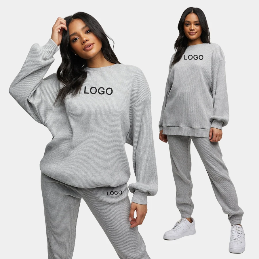 

custom logo wholesale plus size ribbed causal loose workout clothing tracksuit set for woman, White or oem