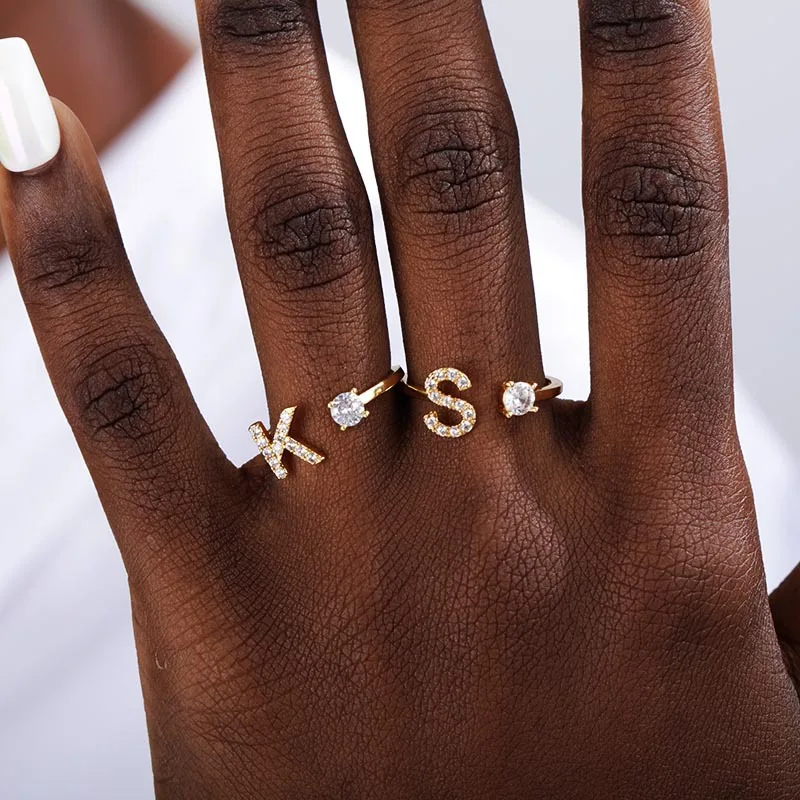 

Go Party A to Z 26 letters stainless steel zircon adjustable gold ring 18k plated initial letter rings, Same as picture