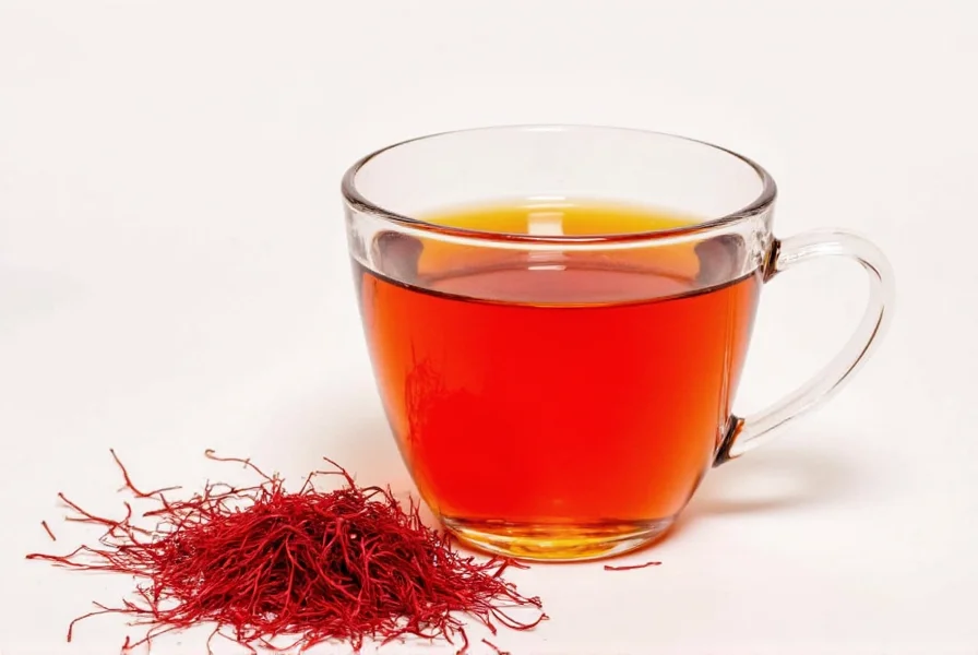 Close-up of saffron threads steeping in clear glass teapot showing golden infusion process