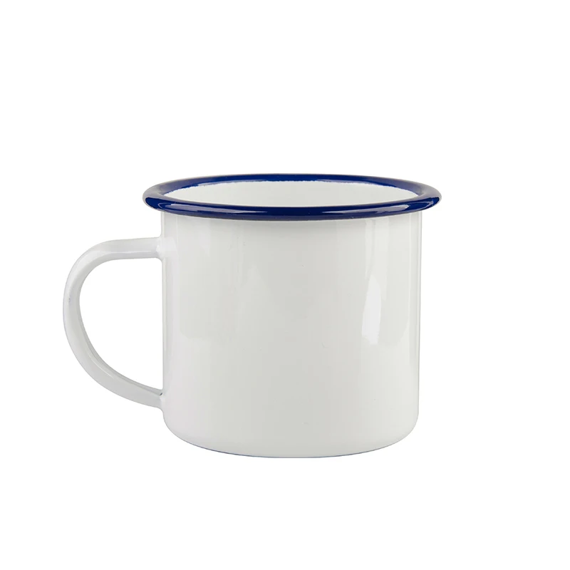 

Heat Transfer 12oz Enamel Cup with Handle for Sublimation, White with black/bluerim