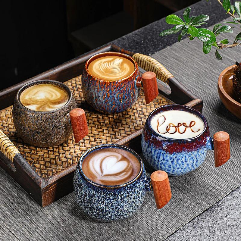 

Wholesale Creative Custom Logo Wide Coffee Cup Porcelain Ceramic Reuseable Coffee Cups And Mugs Gift Set With Wooden Handle, As photo showed