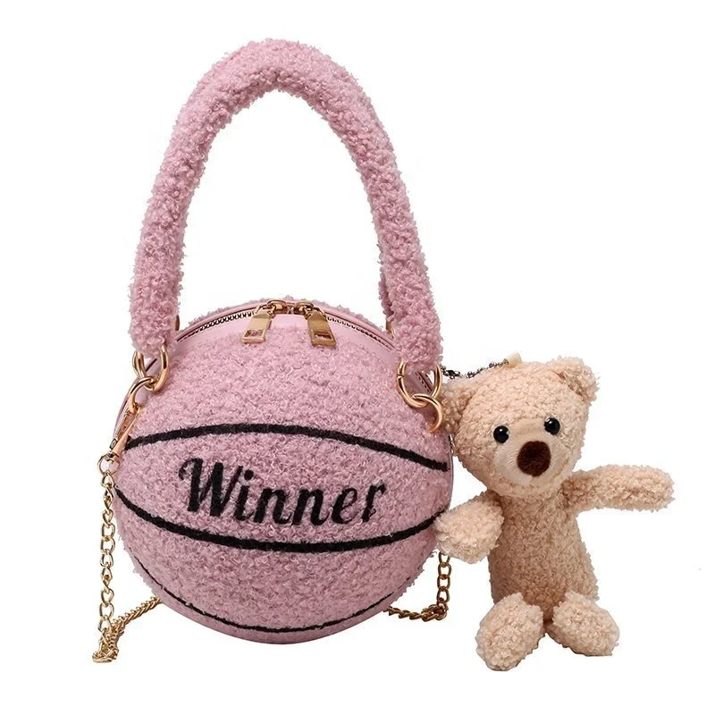 

2021 Autumn And Winter New Trend Ladies Girls Winner Crossbody Wool Basketball Purse Handbags, Black/white/pink/brown