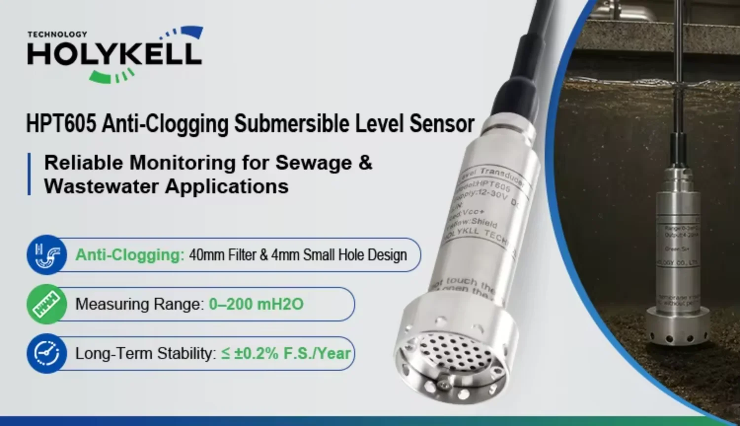 Holykell IP68 Submersible Level Sensor 4 20ma Rs485 Anti Clogging for Sewage Wastewater Lift Station Monitoring