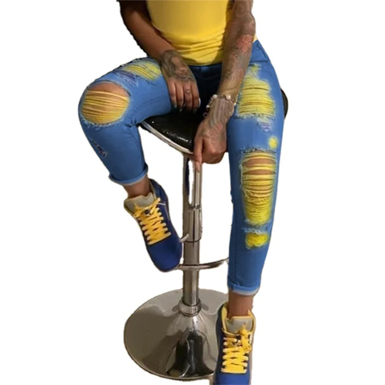 

Sexy Colorful Ripped Hole Women's Denim High Waist Stretch Jeans Plus Size Mom Jeans