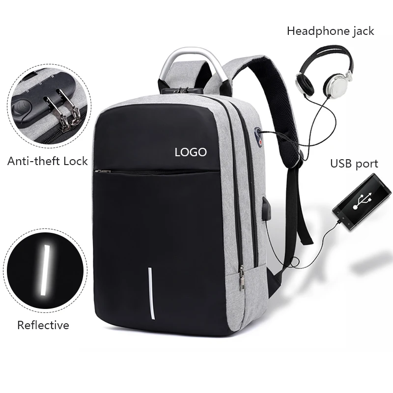 

Custom logo unisex large capacity waterproof business usb charging anti theft college school bag laptop other backpacks for men, Black,grey