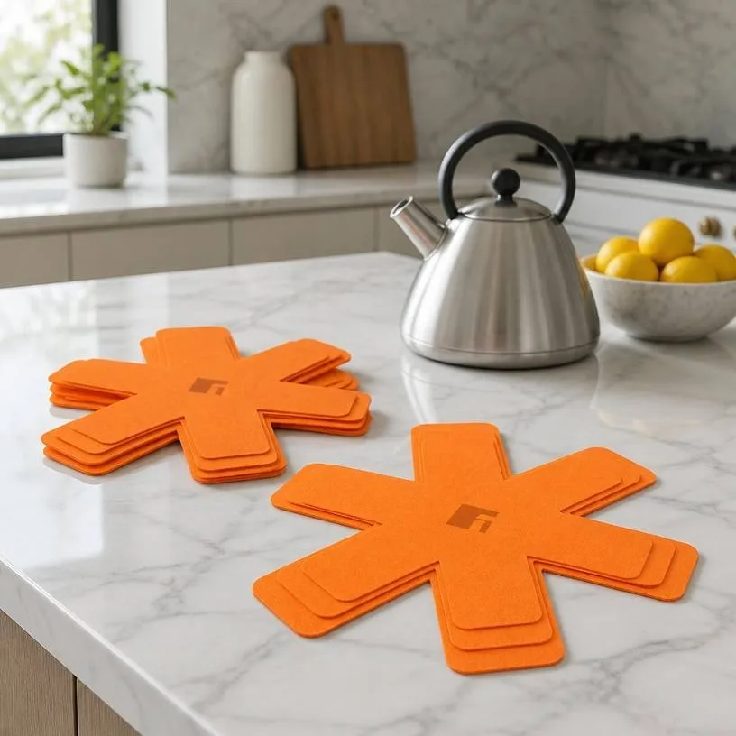 Felt trivets on a kitchen island