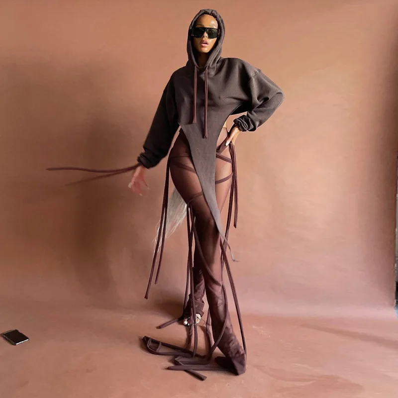 

New trendy cool women sexy mesh perspective belt stitching flare pants stacked trousers