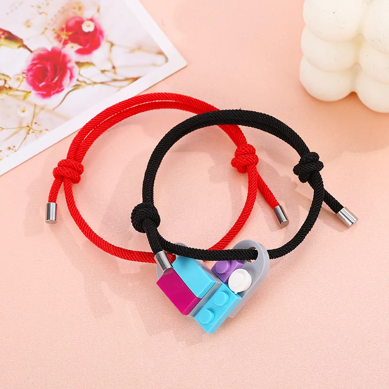 

Adjustable Handmade Love Couple Bracelet Valentine's Gift Puzzle Blocks Brick Heart Milan Rope Women Men Friendship Bracelets, As picture shows