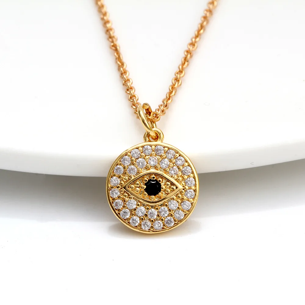 

European Fashion Real Gold Plating Paved Zircon Round Devil Eyes Pendant Necklace Full Diamond Inlaid Evil Eyes Disc Necklace