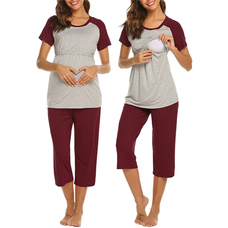 

Amazon cotton solid short sleeve pregnant women adjustable cropped trousers pajamas suit clothes maternity nursing clothing, As pictures show