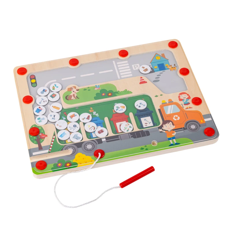 

Eco Recycling Game 4-in-1 Crafts Wooden Labyrinth Magnetic Playboards Wand Wooden Maze Board Toy