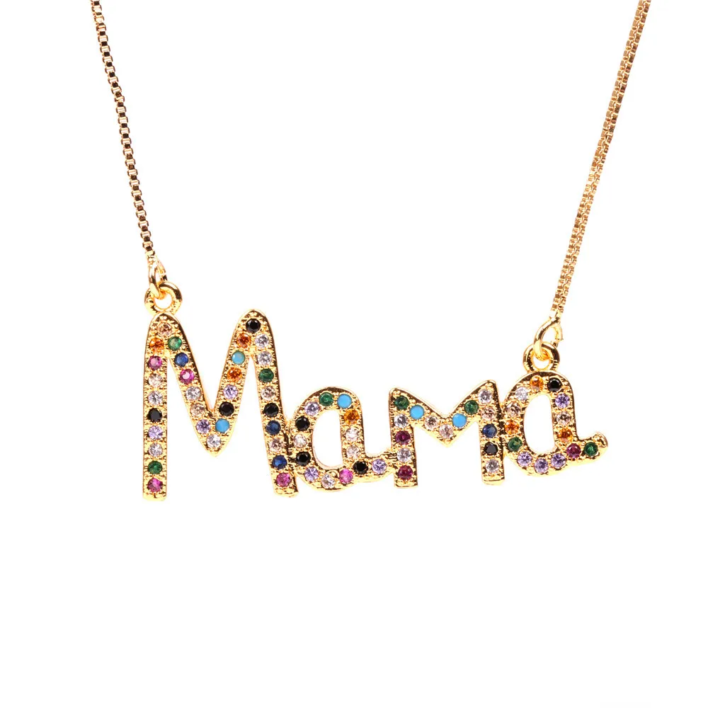 

2021 New Arrival Gold Plated mom Letter Hollow Heart Pendant Necklace Crystal Rhinestone mom Alphabet Circle Heart Necklace