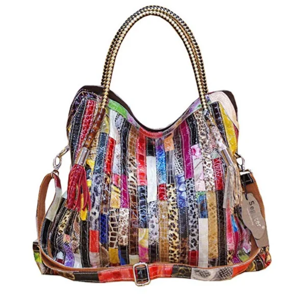 

Womens Multicolor Boston Bag Genuine Leather Colorful Large Tote Handbag Purse