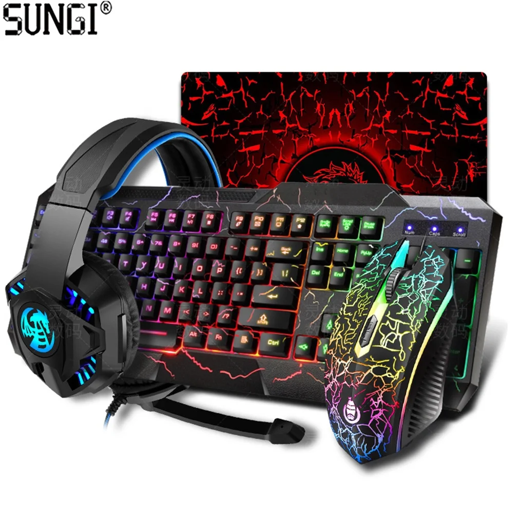 

4 in 1 Gaming Keyboard and Mouse Headphone Combo with RGB Strip Light Wired Mechanical keyboard Headset Set Gamer Backlight, Black color