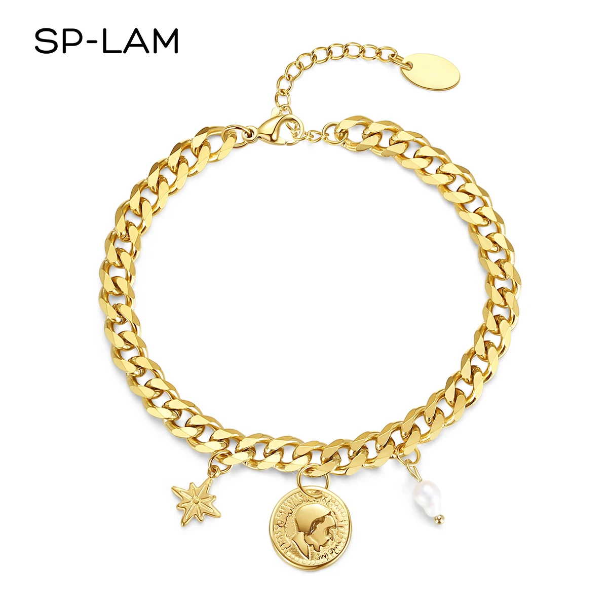 

SP-LAM Gold Coin Woman Pearl Bangle Fresh Water Handmade Golden Beaded Jewelry Cuban Bracelet