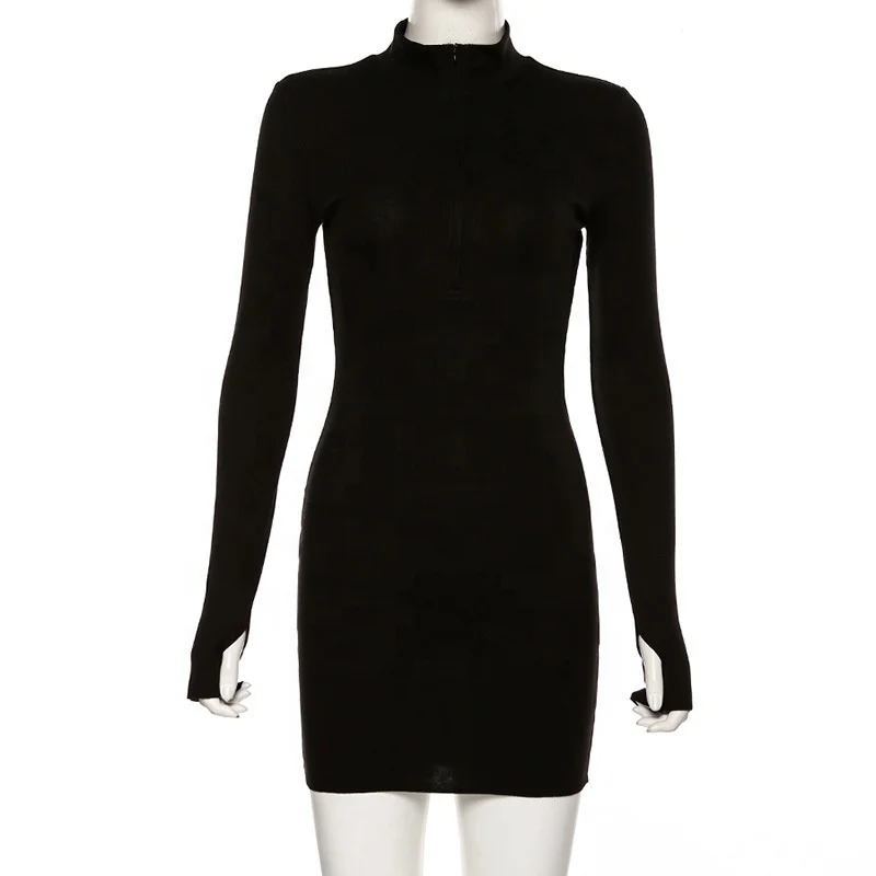 

Long Sleeve Zipper Round Neck Bag Hip Slim All-match Dress