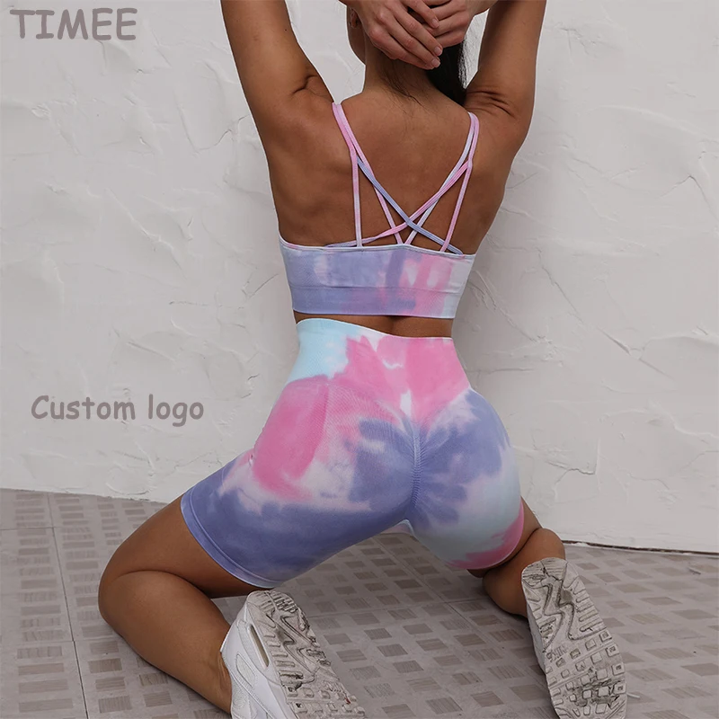 

High waist butt lift shorts seamless sport bra suits halter top sportswear running yoga set tye dye, As shown or customized