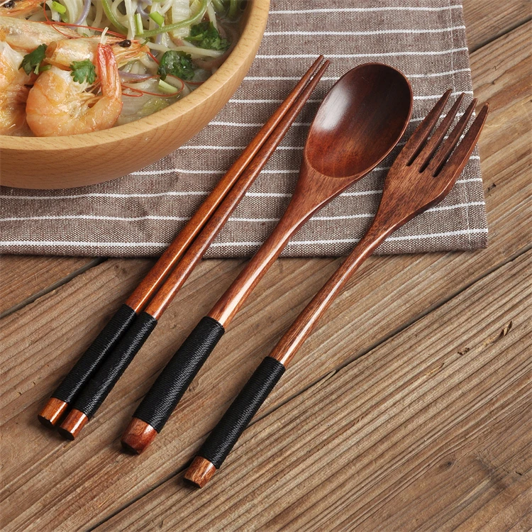 BAMBUS Phoebe Travel Cutlery Set Black Wood Spoon Chopsticks Fork for Eating Zhennan Wood  Giveaways Wooden Spoon Flatware Sets