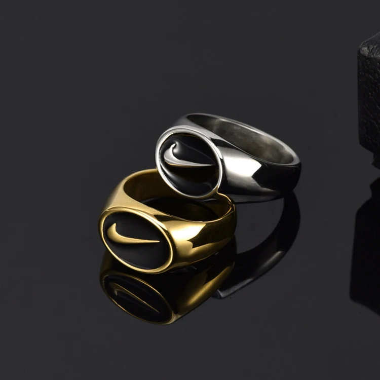 

Men's stainless steel oval logo seal 18K gold hip hop fashion street hook boy's ring, Silver/gold/rose gold