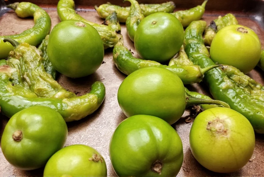 Fresh tomatillos and serrano peppers roasting on a baking sheet