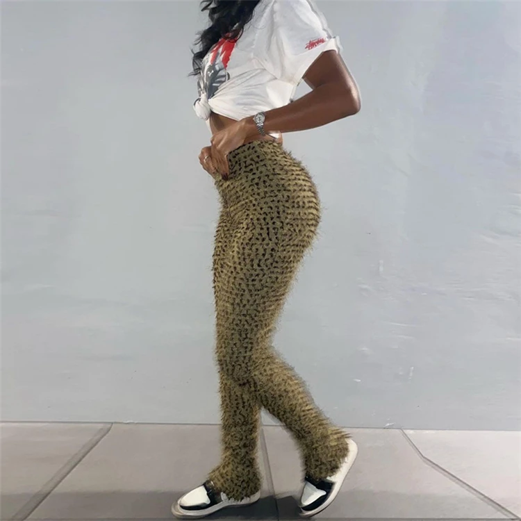 

2022 New Casual Leopard Fur Trousers Fashion High Waist Sweatpants Ladies Street Furry Pants for Women, As show / custom colors