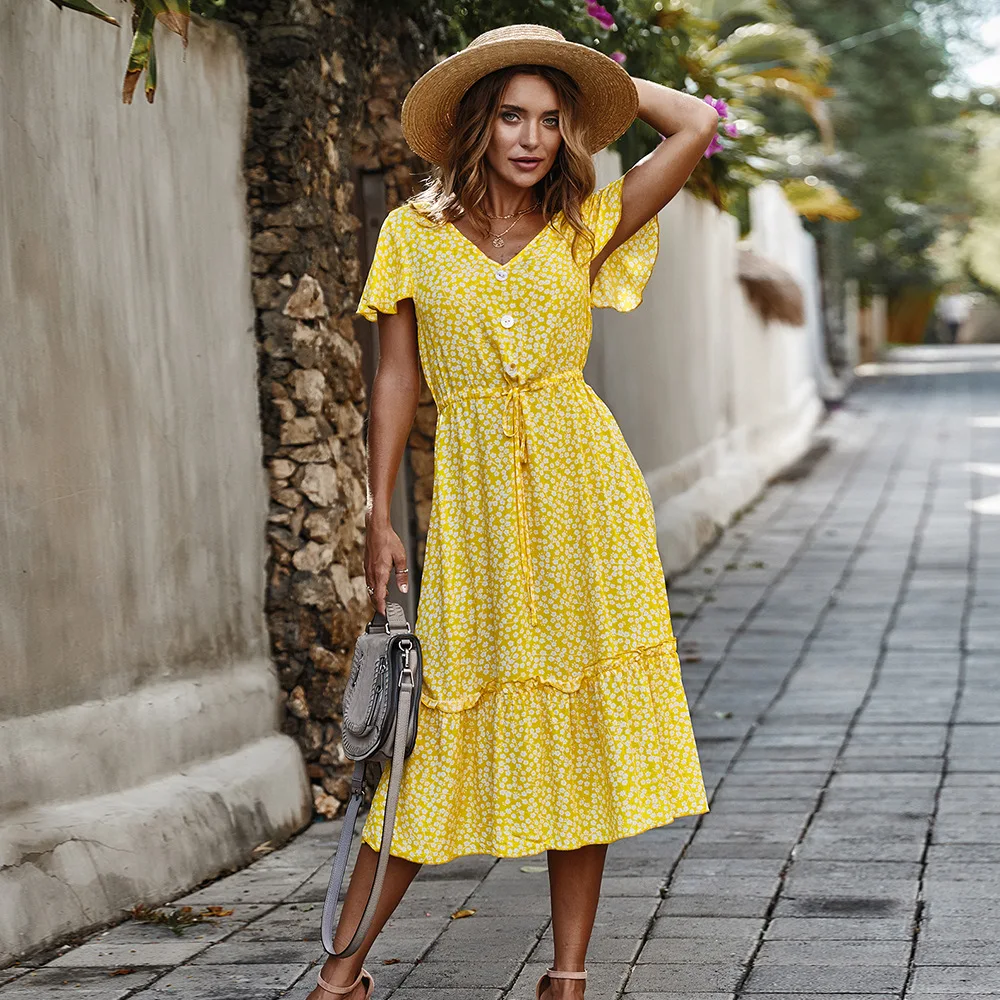 

Summer Casual Dresses Maxi Boho Beach Dress 2020 NEW Arrivals Women V-neck Floral Print Flowers Flounce Dress, Yellow, red, dark blue