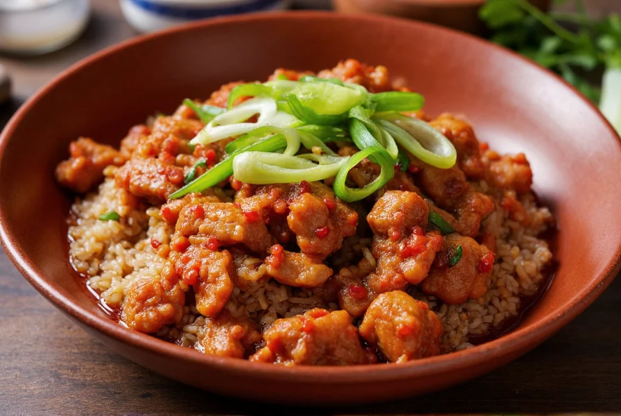 Finished red chili pork dish served in traditional Chinese ceramic bowl with steamed rice and garnished with sliced scallions