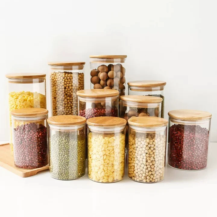 

550ml Glass containers storage jar with Bamboo Lids 10*10cm Food Preservation Glass Bottle & Jar