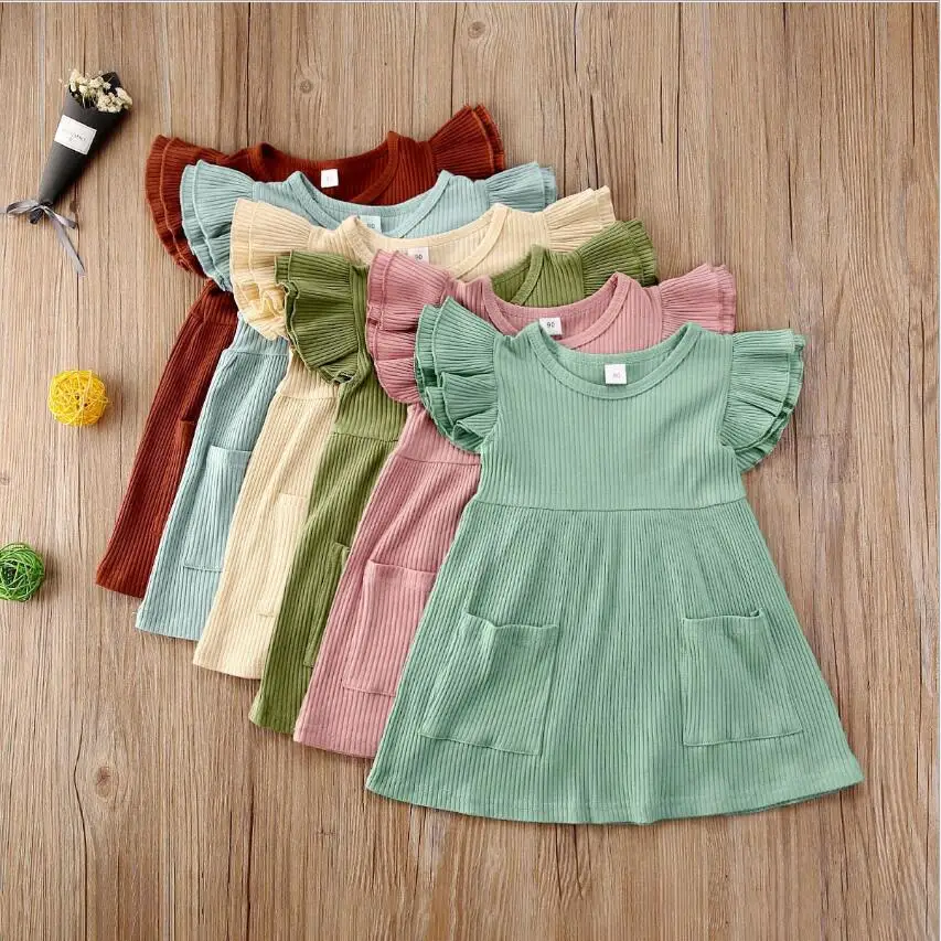 

2021 Summer Children Girl Dress Ribbed Knitted Ruffles Dress Princess Teenage Casual Daily Kids Dresses For Girls