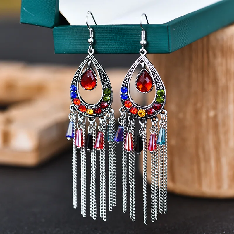

2021Vintage Corful Beaded For Women Retro Silver Color Tassel Rhinestones Earrings