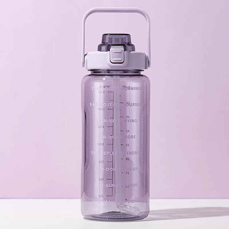 

Wholesale 2000ml fitness motivational water bottle plastic drinking water bottles with straw, Purple, green, blue, black, pink
