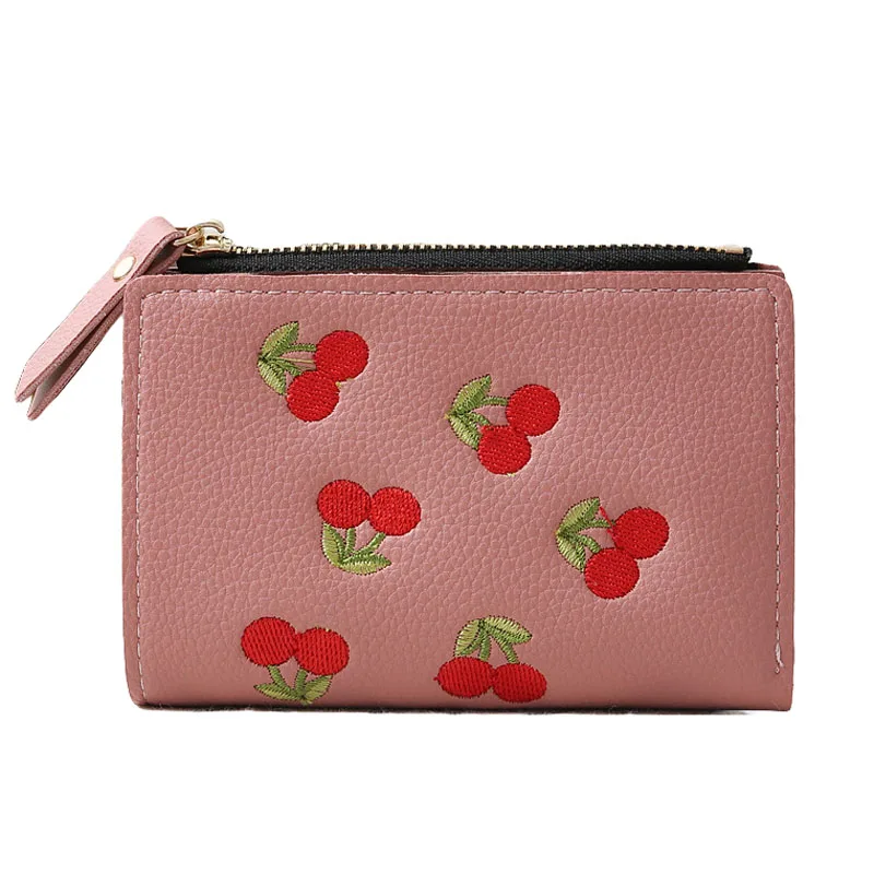 

New Student Simple Fashion PU Vertical Buckle Cute Cherry Embroidered Short Style Small Wallet Purse