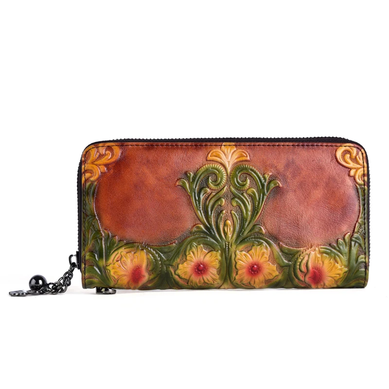 

Wholesalers Fashion Designer Genuine Leather Handmade Flower Zipper Women Long Wallet Coin Purse