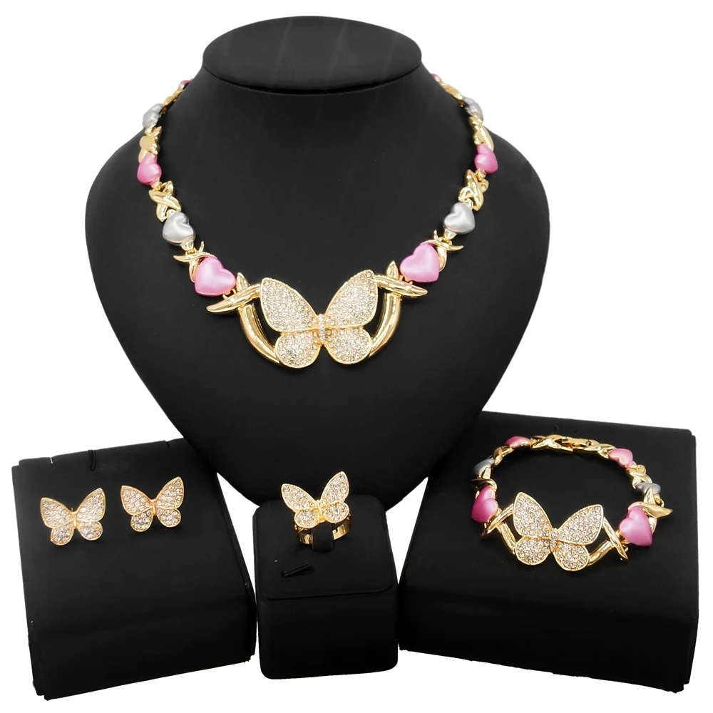 

Yulaili Top Selling Cute Butterfly Xoxo Necklace Set Rhinestones Exquisite 4Piece Set Gold Filled Women Bridal Jewelry Set X0165