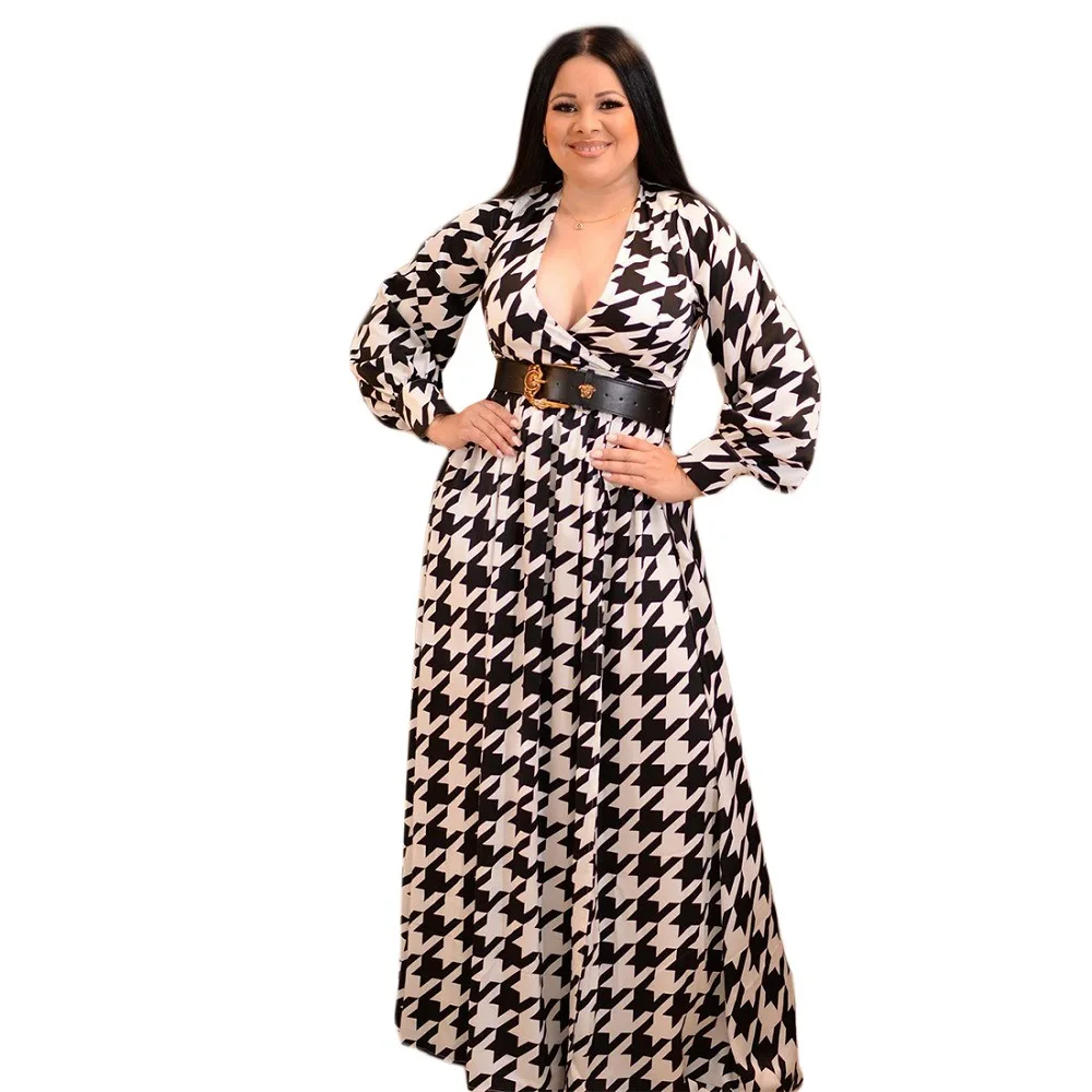 

Sexy Women Dress with long coats dress V-neck business Printed plus size dress