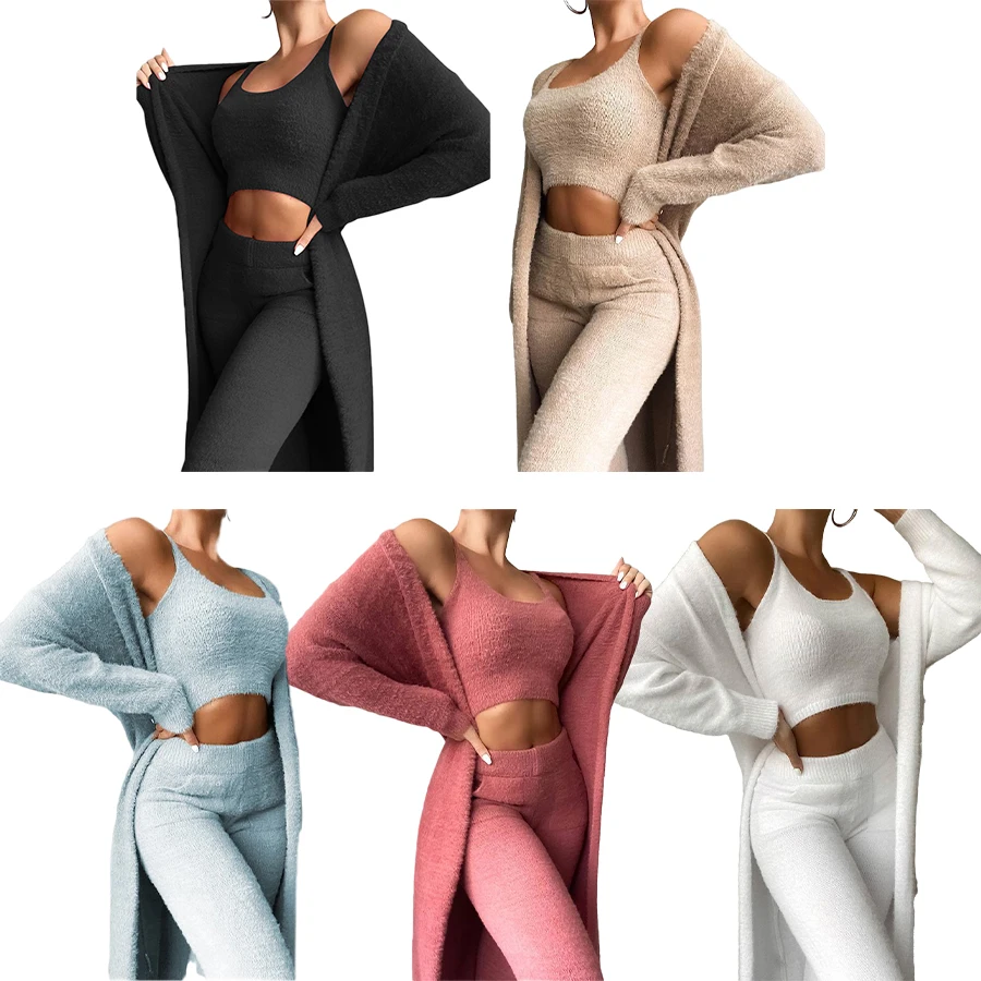 

Hot Sale Women pant lounge wear Fuzzy Sweater Cozy Soft Knit Ribbed Sleepwear With Robe 3 Pieces Set winter pajama sets, Photo color