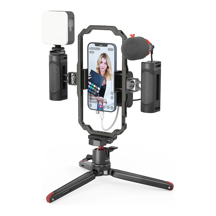 

SmallRig Universal Video Kit for iPhone SmartPhone Vlogging and Live Streaming Cage Set with Microphone Light Tripod 3384B 3306B