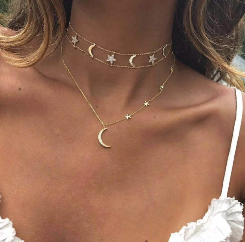 

New Bohemia Moon Star Vintage Multilayer Crystal Pendant Necklace Fashion Gold Color Chain Boho Simple Choker Necklaces, As show