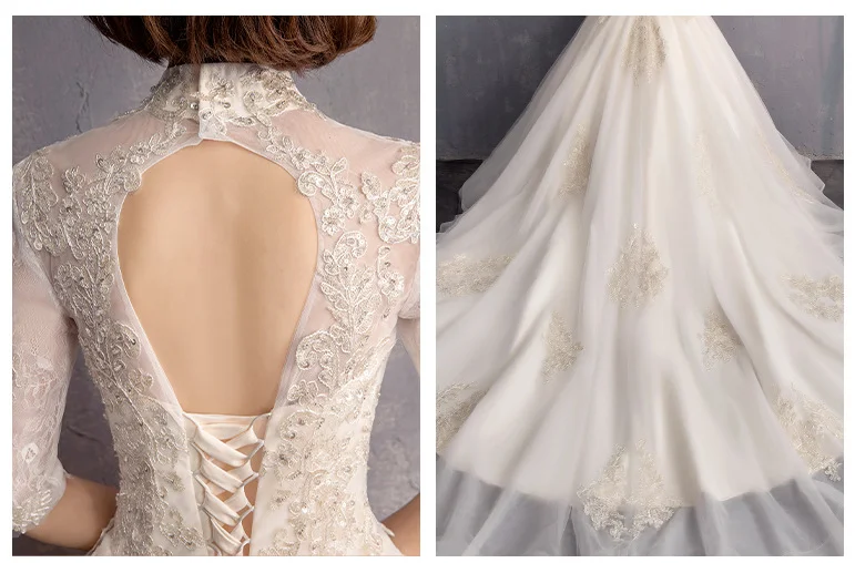 2019 High Neck Lace Half Sleeve Light Champagne Lace Wedding Gown Vintage Bridal Gown with long tail