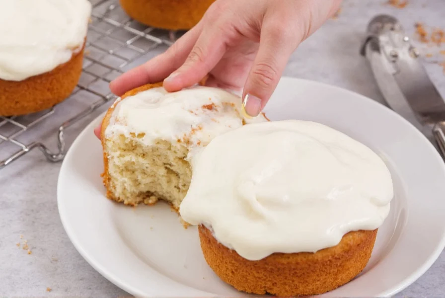 Finished cinnamon buns with glossy cream cheese-free icing drizzled over golden rolls on a rustic wooden board