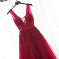 

Robe De Soiree Wine Red Lace Beading Long Evening Dress Backless Bridal V neck Sleeveless Transparent Banquet Sexy Prom Dress