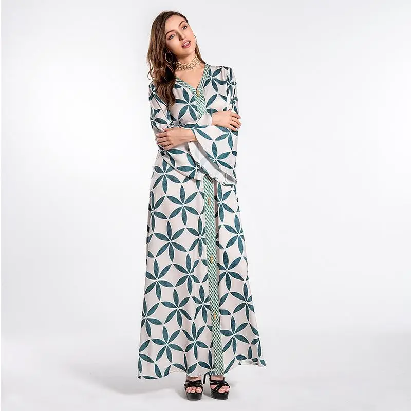 

2022 hottest puff sleeve satin with flora print & embroidery casual abaya dress for women STAB116
