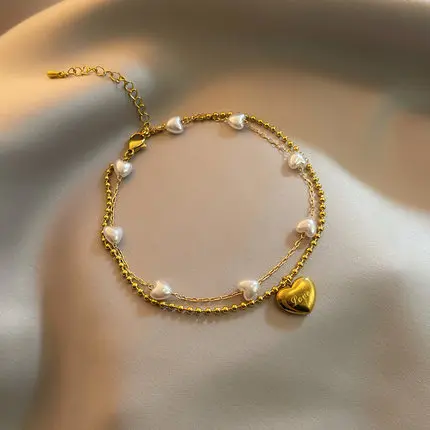 

HOVANCI Charm Anklet Gold Plated Double Layers Women Design Beach Stainless Steel Pearl Anklets