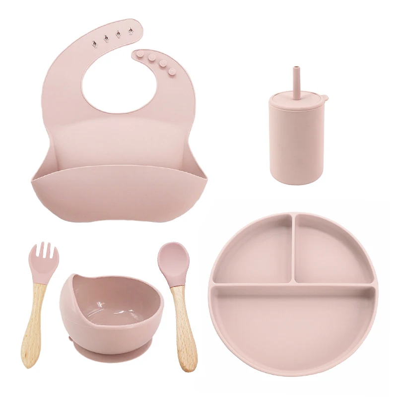 

Custom Baby Tableware Feeding Plates Bowl Set Waterproof Bibs Suction Bowl Silicone Baby Feeding Set